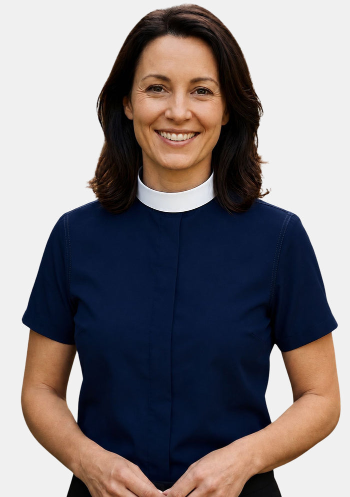Apphia Full Collar Short Sleeve Clergy Shirt for Women Navy Blue