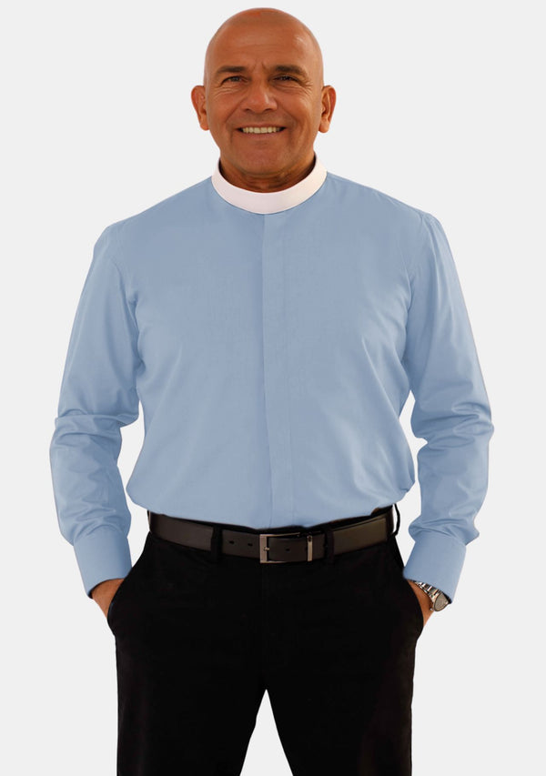 Banded Collar Long Sleeve Sky Blue Clerical Shirt for Men