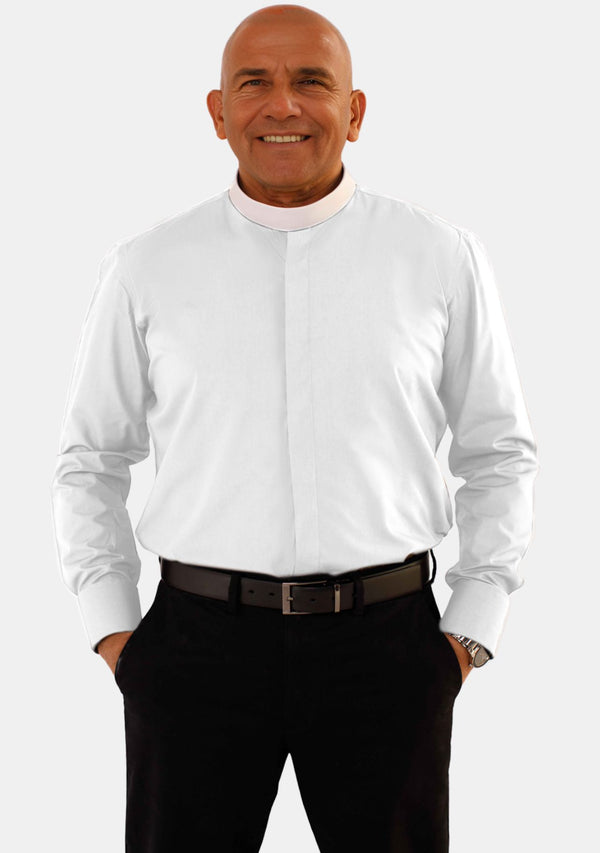 Banded Collar Long Sleeve White Clergy Shirt for Men