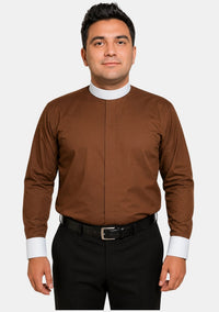 Brown Banded Collar Clergy Shirt