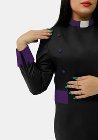 Womens Clergy Dress Black with Purple Designer Buttons