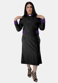 Womens Clergy Dress Black with Purple Designer Buttons