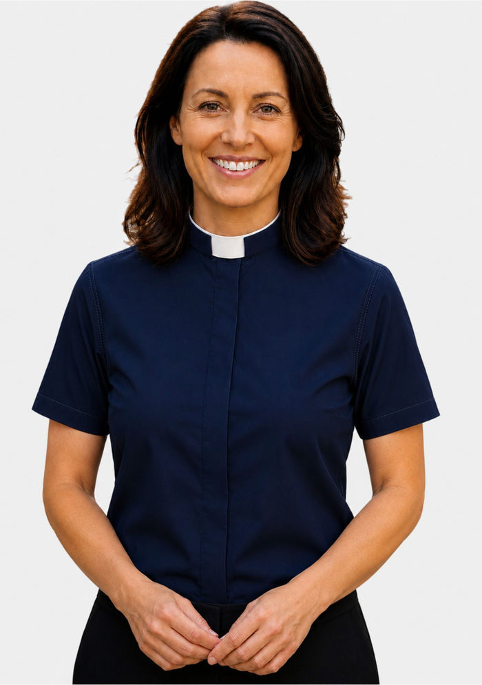 Imla Roman Collar Short Sleeve Navy Blue Clergy Shirt for Women