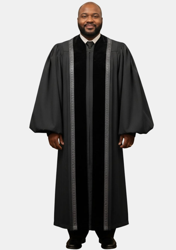 Jeremy Black Velvet Panel with Silver Trim Pulpit Robe