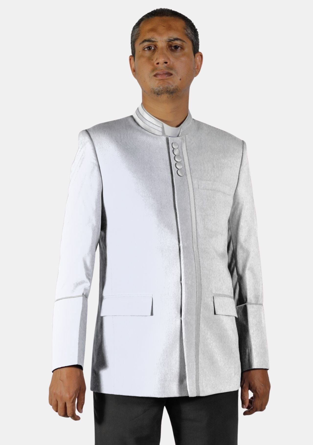 Modern Button White Clerical Jacket with Sharp Stand-Up Collar – eClergys