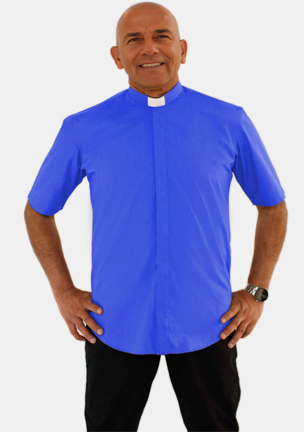 Royal Blue Short Sleeve Tab Collar Clergy Shirt for Men