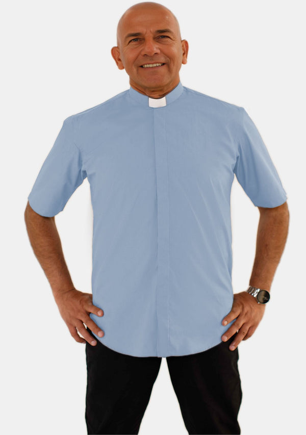 Tab Collar Short Sleeve Sky Blue Clergy Shirt for Men