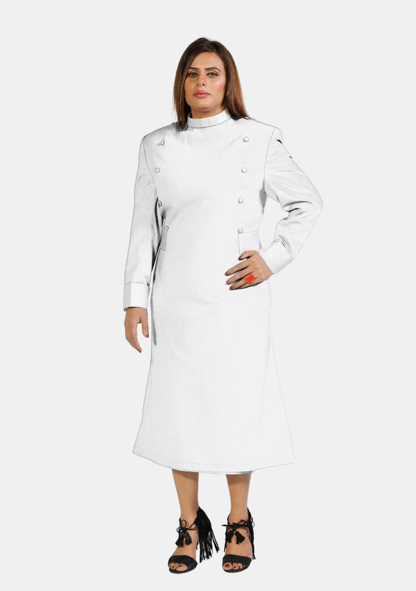 Womens Clergy Dress White with Designer Buttons