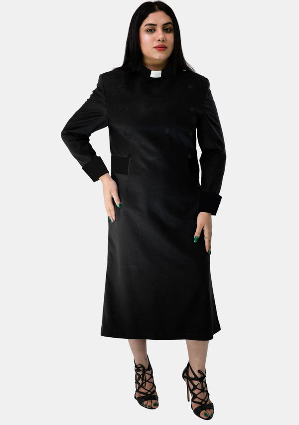 Womens Clergy Dress Black with Designer Buttons
