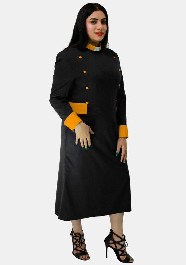 Womens Clergy Dress Black with Gold Designer Buttons