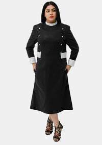 Womens Clergy Dress Black with White Designer Buttons