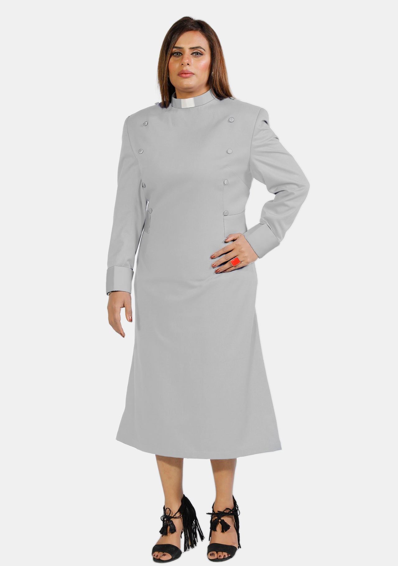 Womens Clergy Dress Gray with Designer Buttons