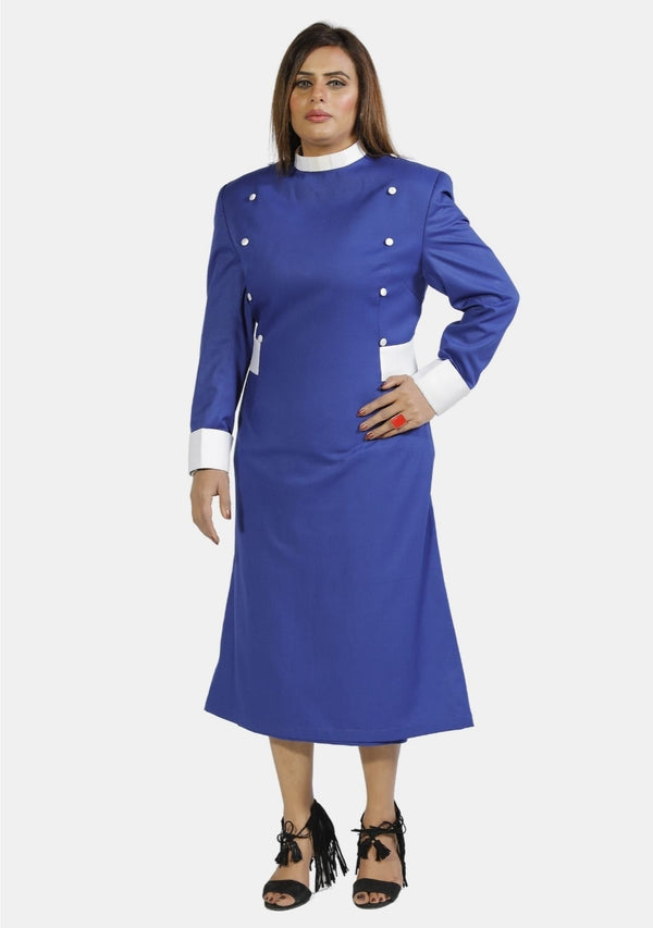 Womens Clergy Dress Royal Blue with White Designer Buttons