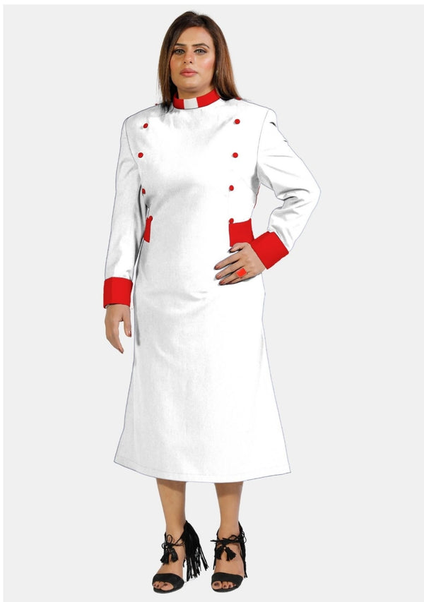 Womens Clergy Dress White with Red Designer Buttons